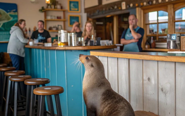 Морской котик вызвал переполох в новозеландском баре и спрятался под машиной